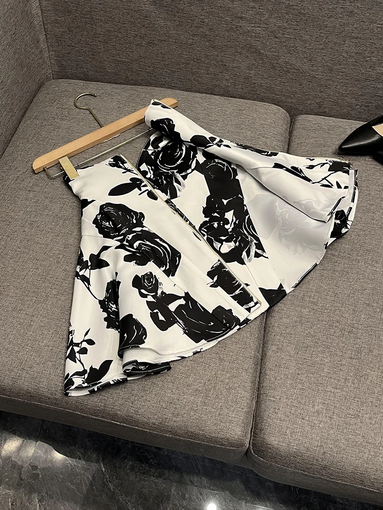 Ele A-lijn rok met metalen blauw printontwerp Celebri Tulp taille Rose Flower f-lengte rok JF