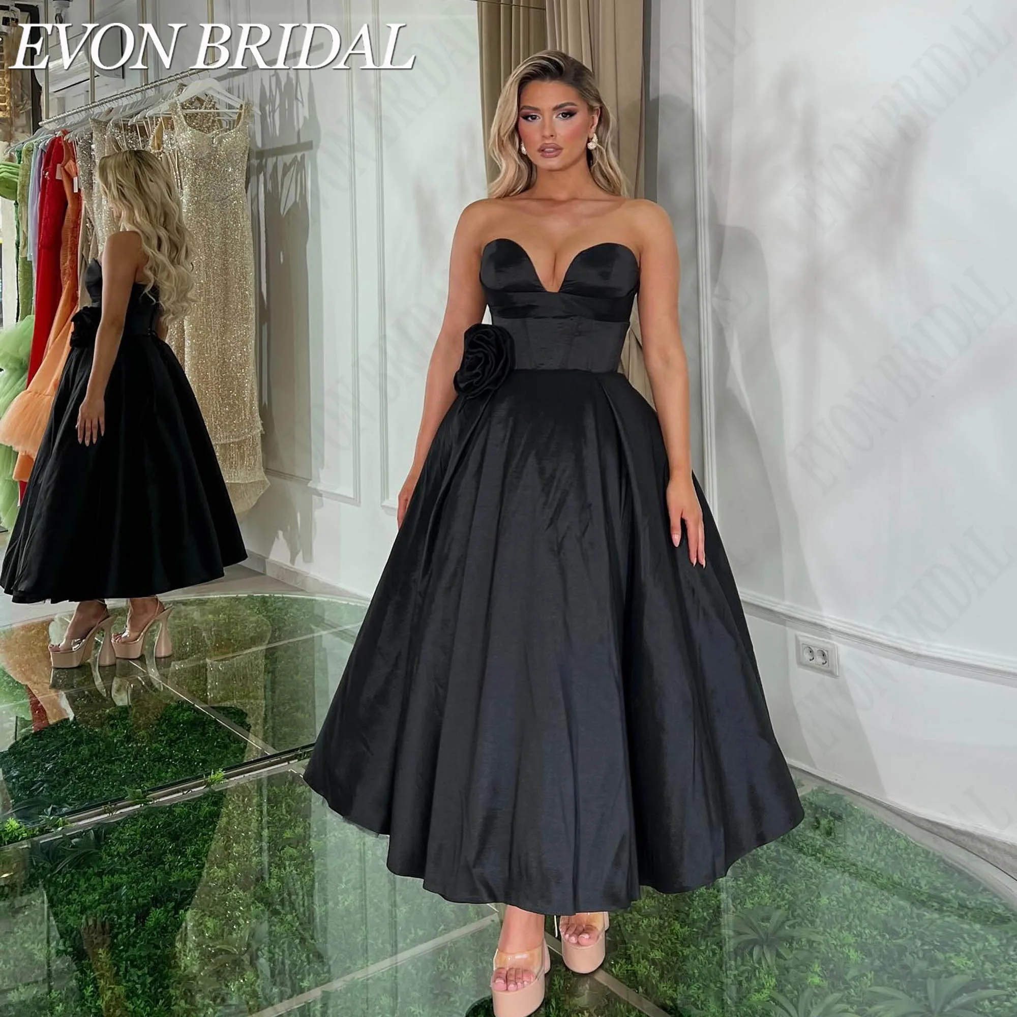 EVON BRIDAL Satin A-Line Women’s Prom Dress Custom Made Tea-Length 2026 Gala Gowns Sweetheart Backless Sleeveless Abiti Da Sposa