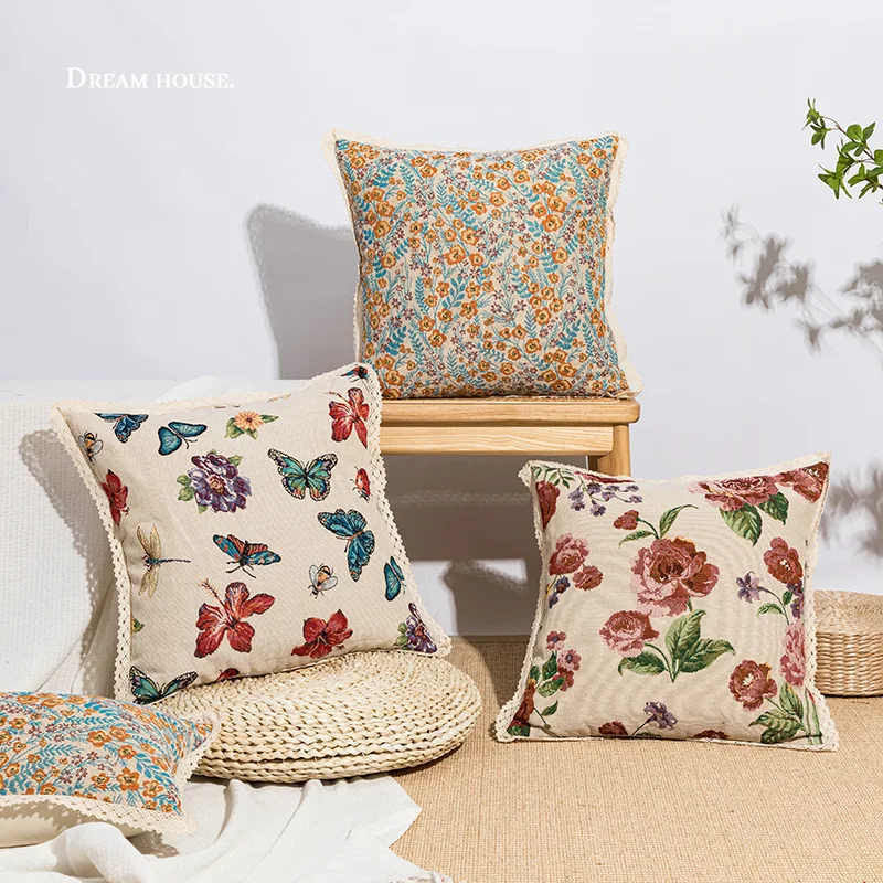 

Home European classical yarn-dyed flowers Jacquard pillow case American model living room sofa pillow case