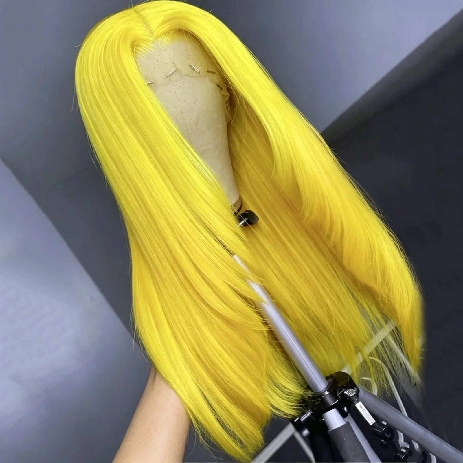 Yellow Straight Layered Lace Front Wigs 13x4 HD Transparent Synthetic Pre Plucked Heat Resistant Glueless On Clearance Cosplay