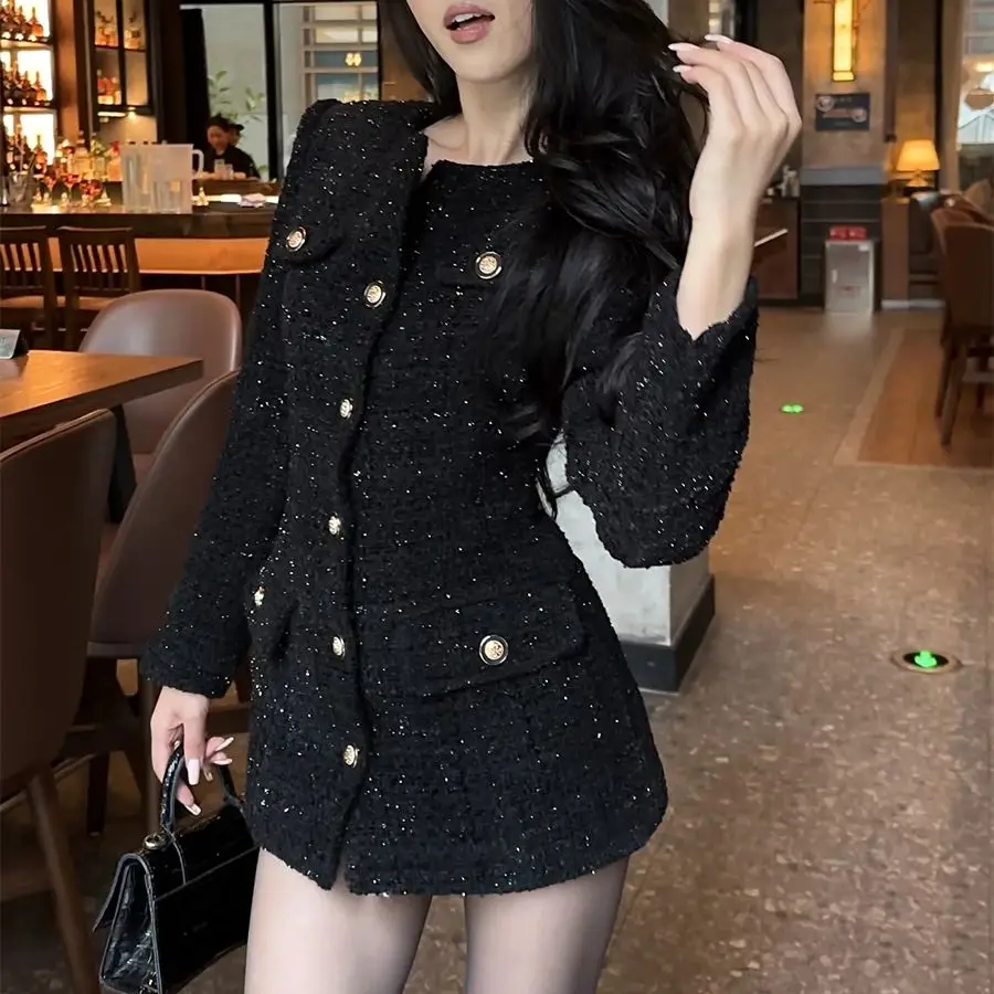 Podzimní zimní francouzské dámské tvídové sako, módní flitrované jednořadé štíhlé vlněné svrchní oblečení, kancelářský dámský světlý hedvábný kabát - náhled 6