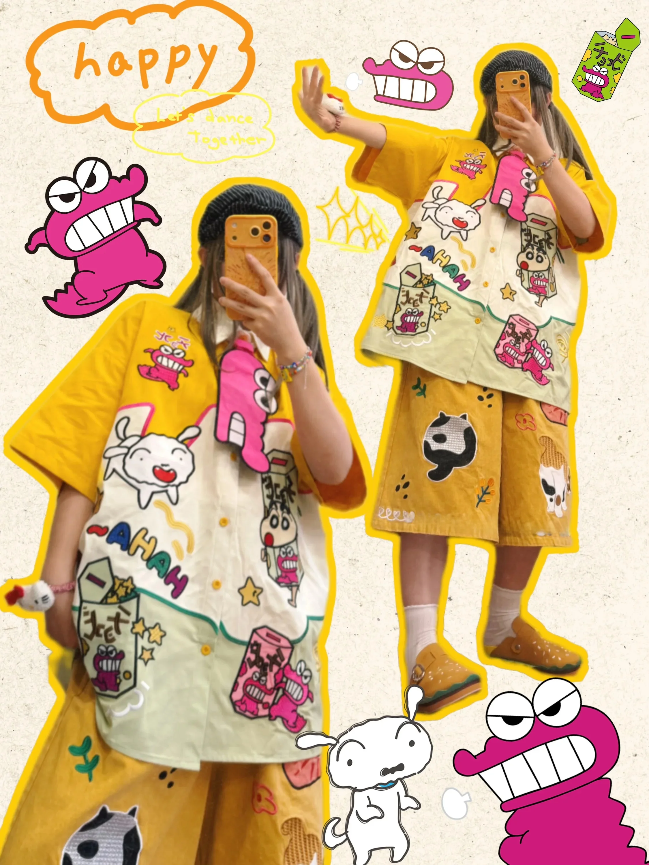 

BIBULU Retro Cartoon Embroidered Heavy Work Short Sleeve Loose Men's Shirt Summer Breathable Cotton Anti-Stain Resistant
