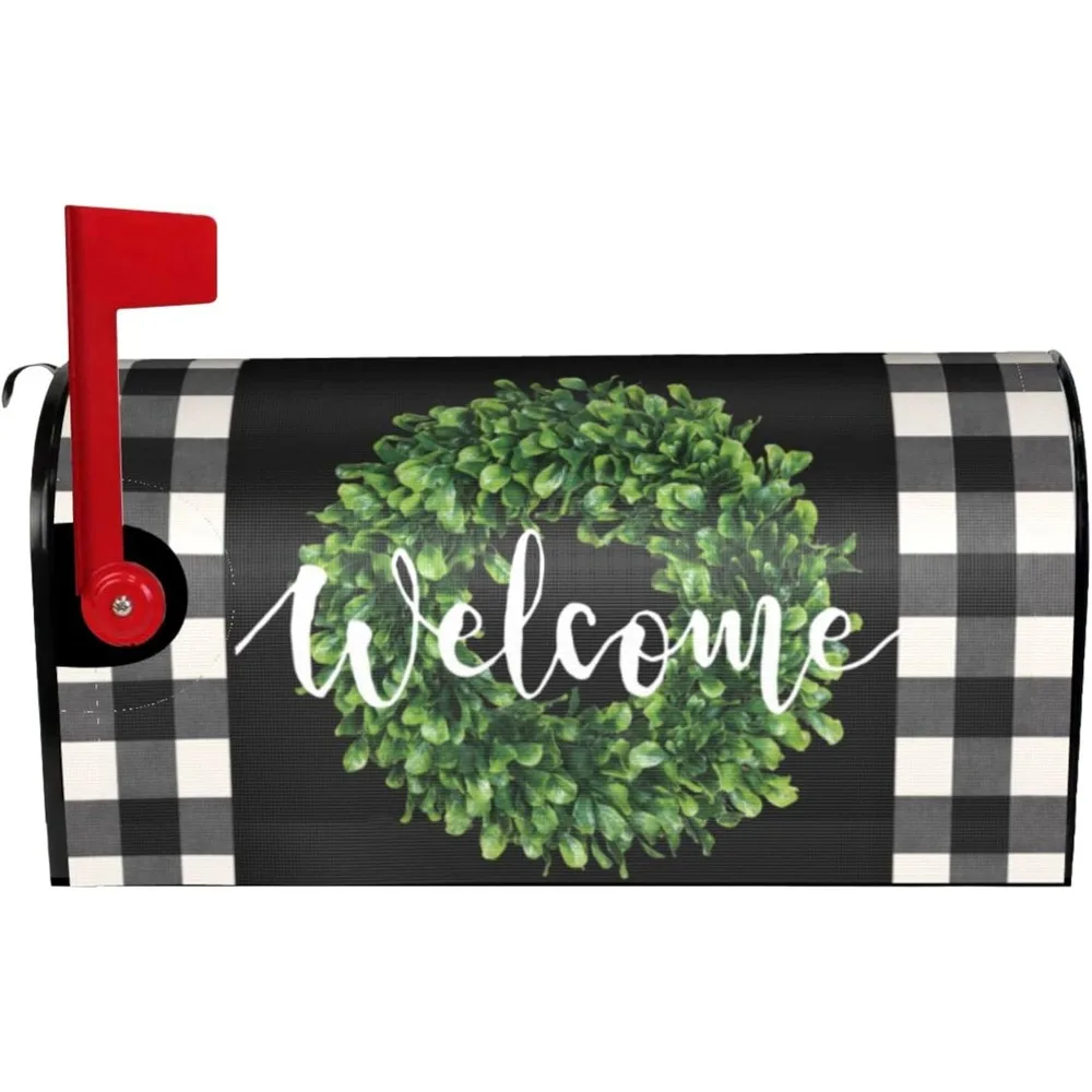

Farmhouse Wreath Welcome Mailbox Covers Magnetic Standard Size 21x18 Inch Sping Summer Black White Buffalo Check Plaid Mailbox C