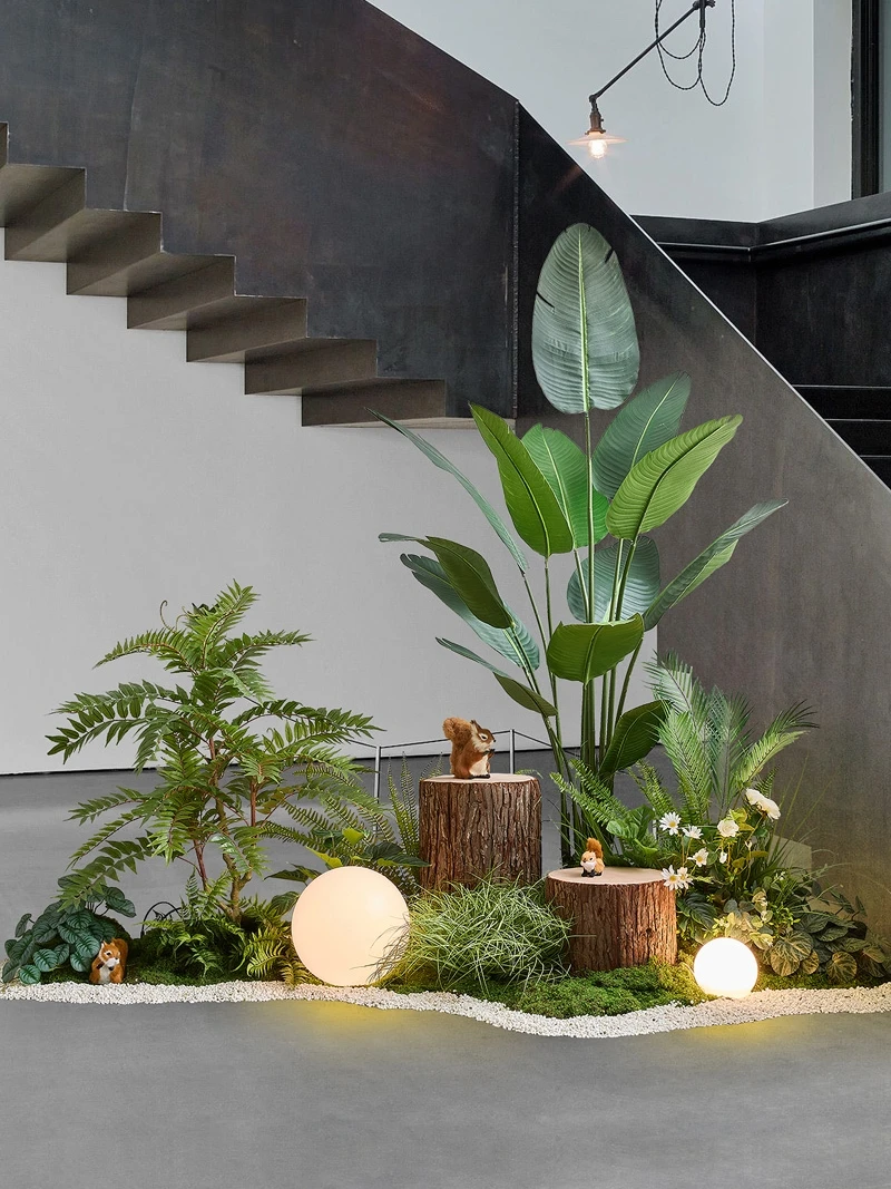 Artificial green plant landscaping decoration combination, indoor entrance, staircase,  tropical landscape plant landscaping