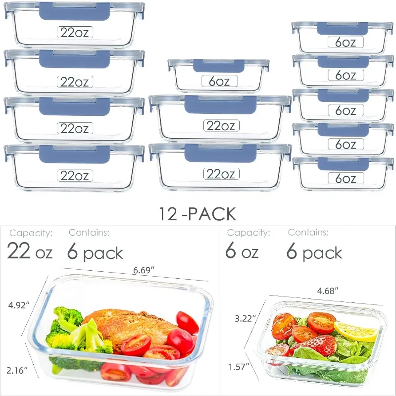 Glass Food Storage Bowls with Airtight Lids, 24 Piece 12 Pack Glass Food Storage Mixed Set