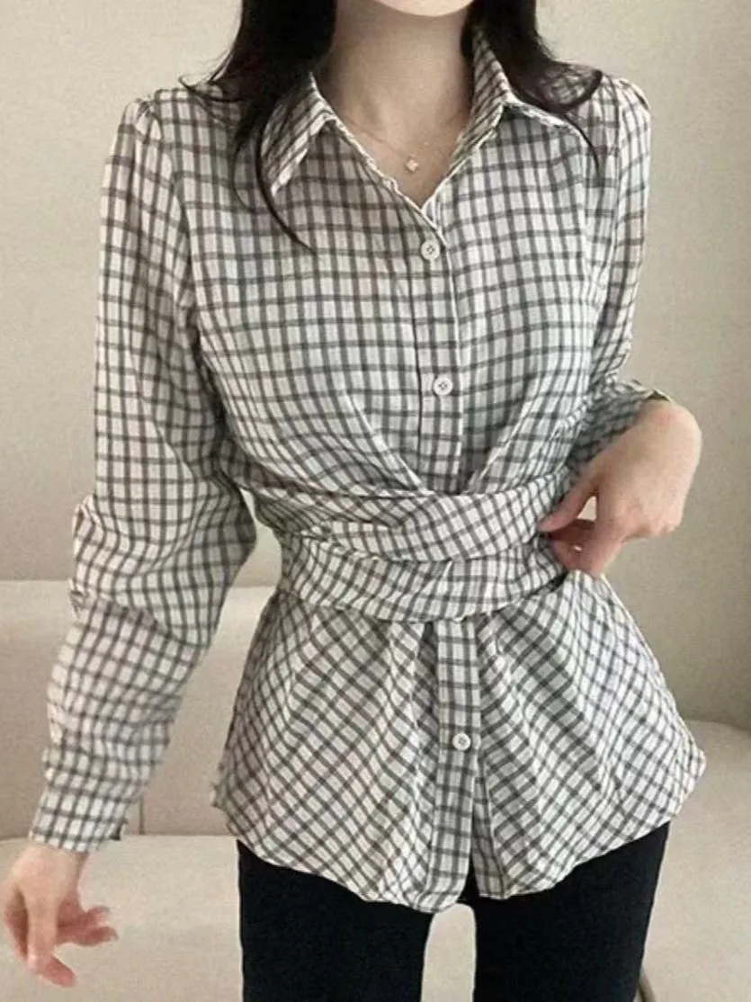 

Korean Sle Plaid Long Sve Collared Women's irt Waist Cinched Crossed Strap Design Youthful Faionable Top for Autumn