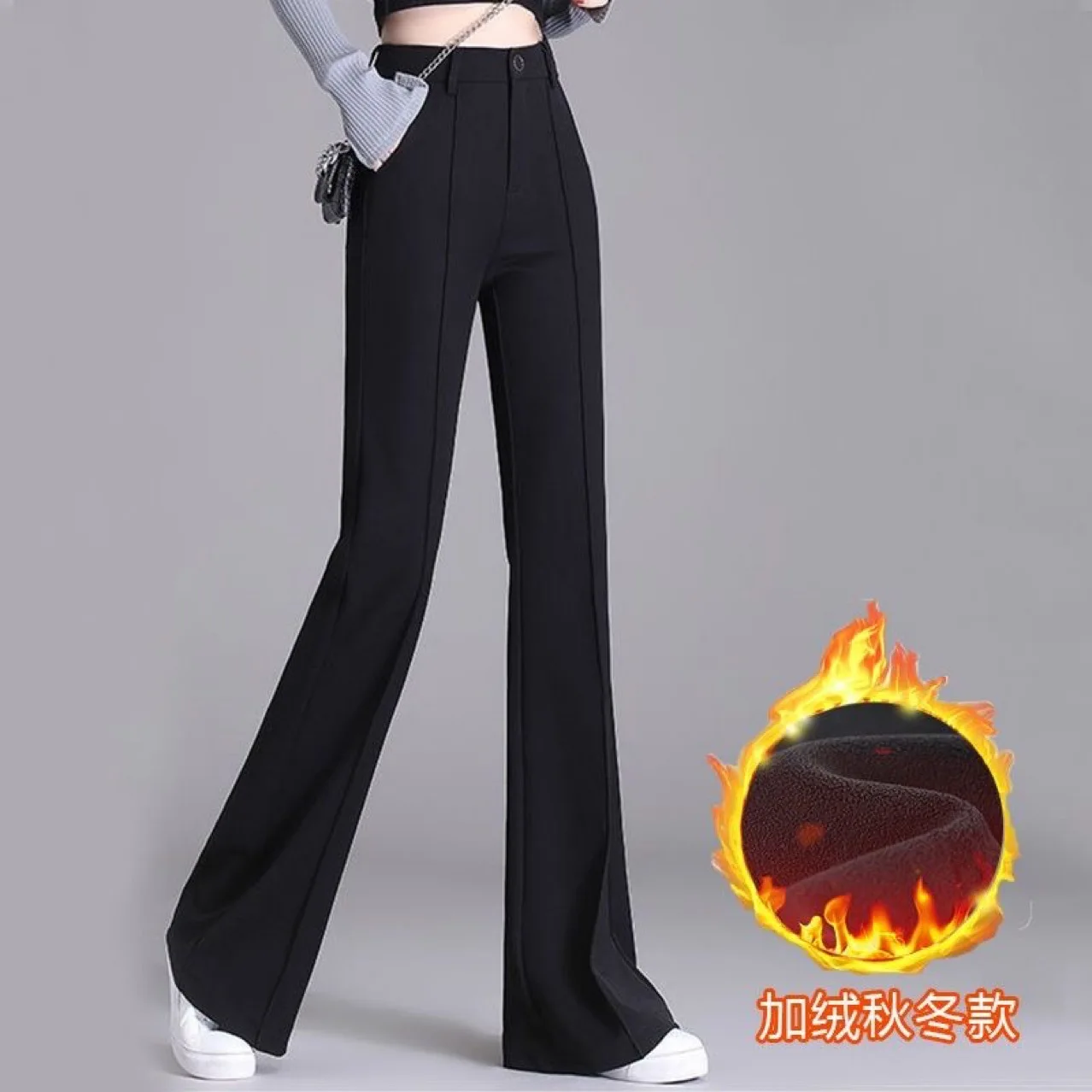 Pantaloni da abito casual elasticizzati e vestibilità slim a vita alta autunno e inverno 2025 da donna con velluto aggiunto e nero addensato