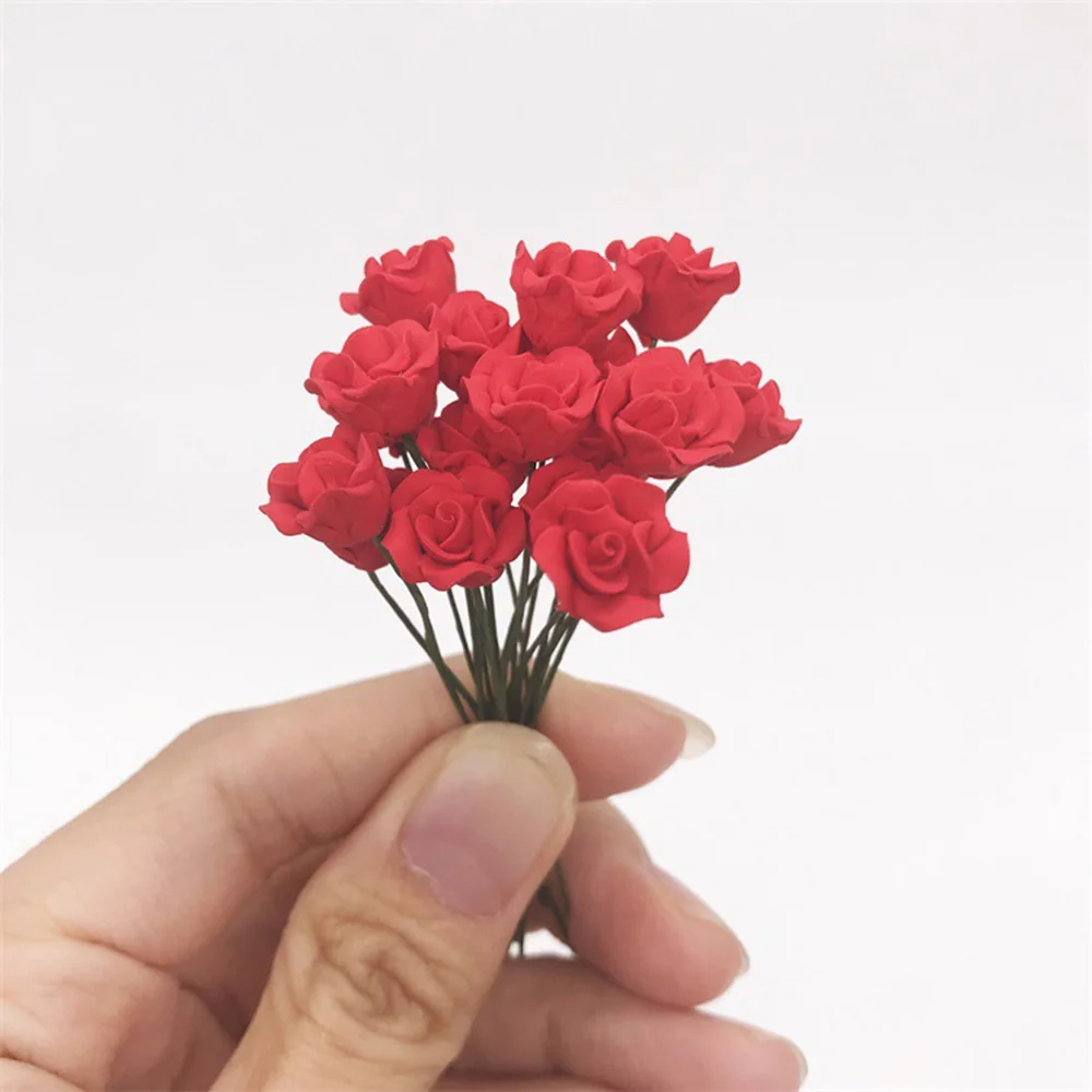 5PCS Mini Simulated Red Rose Scale Model 1:12 Dollhouse Garden Bedroom Flowers Miniature Models Home Decor Crafts