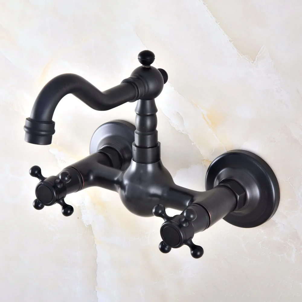 

Black Oil Rubbed Brass Wall Mounted Bathroom Basin Faucet Swivel Spout Vessel Sink Mixer Taps Dual Handle tnf853