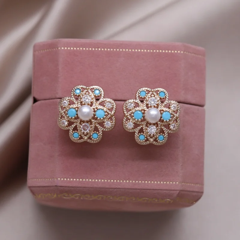 Korean new design fashion jewelry 14K gold plated blue zircon beads flower earrings elegant women's daily work accessories