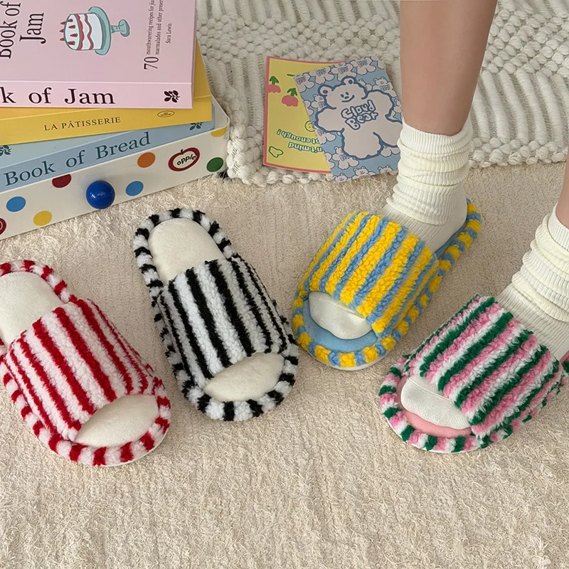 Color Blocking Striped Cotton Slippers for Winter New Personalized Warm Plush Women's Shoes Comfortable Home Opening Slippers