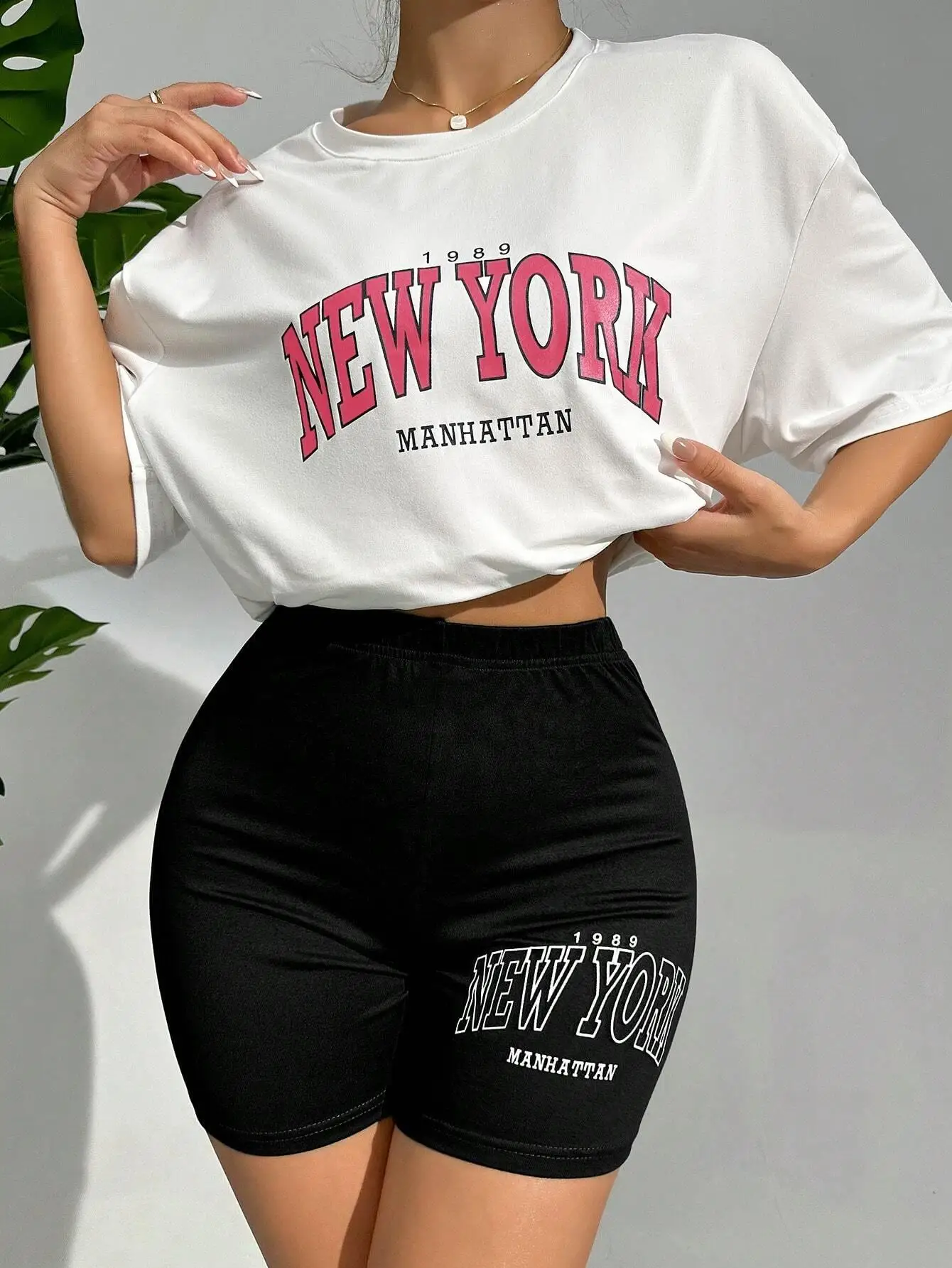 1989 New York Manhattan City Letter T-Shirts Set Women Fashion Casual 2 Piece Set Street Casual Shorts Cotton Breathable Tshirts