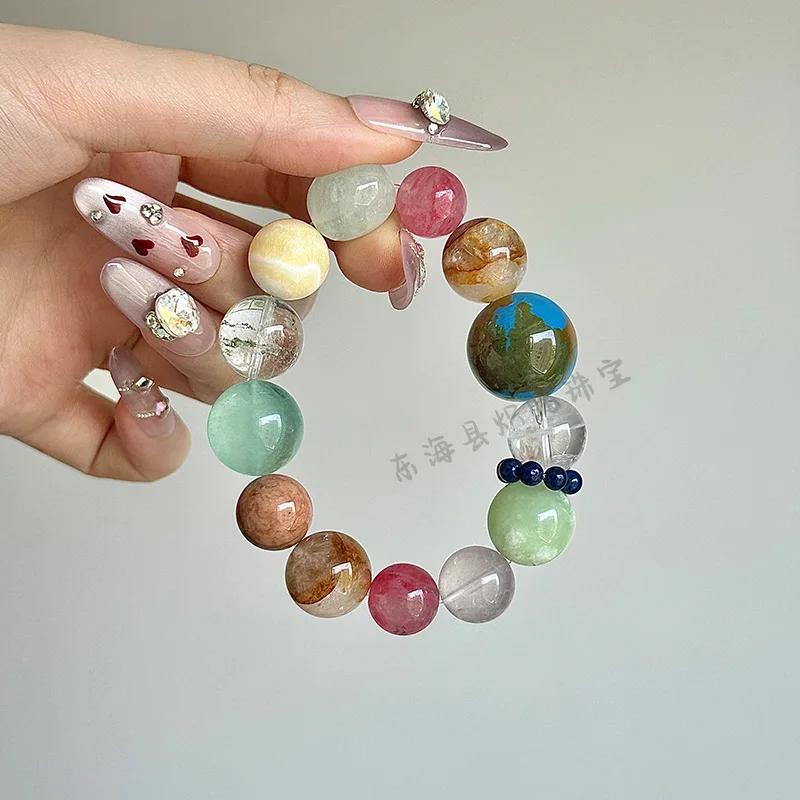 

Натуральный глобус, дизайн браслета, большой желтый агат, розовый кварц, аквамарин, лазурит, бусины