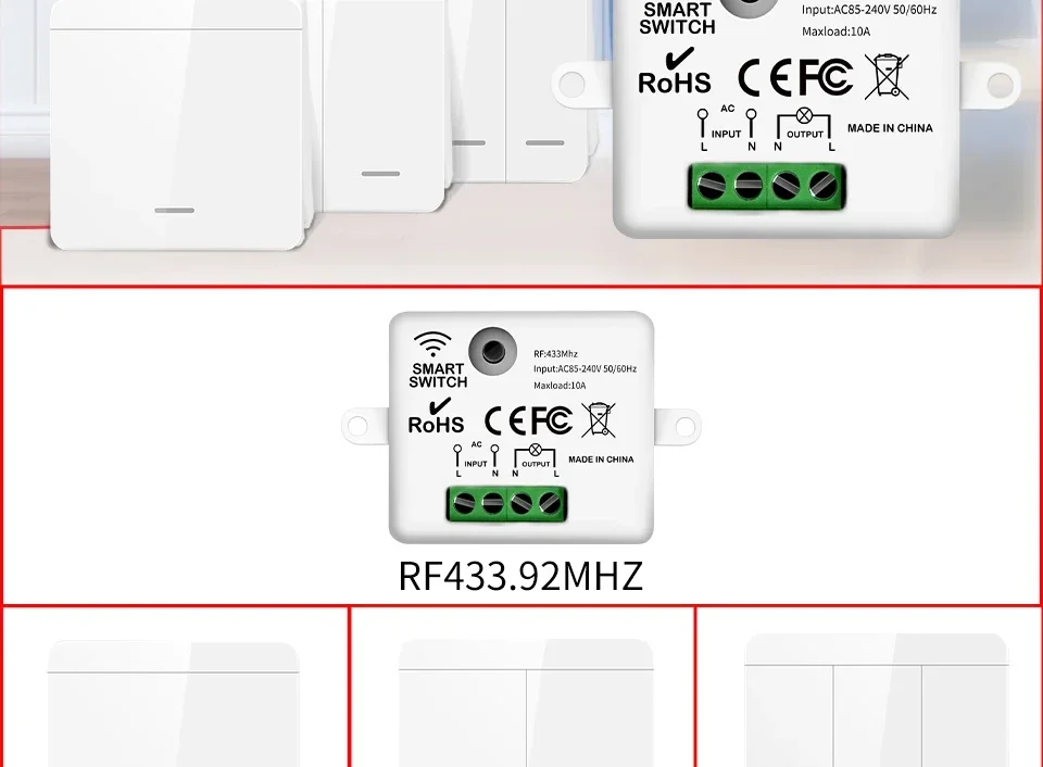 RF 433Mhz Drahtloser Fernbedienungs-Lichtschalter 10A Relais-Controller Mini-Modul Wandpanel Smart-Schalter für LED-Lampe AC110V 220V – Detail 2
