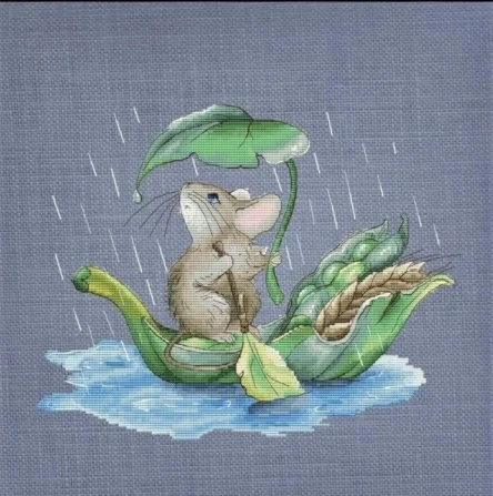 The little mouse taking shelter from the rain  Needle Work Cross Stitch counted Cross Stitch Kit  Metallic cotton aida