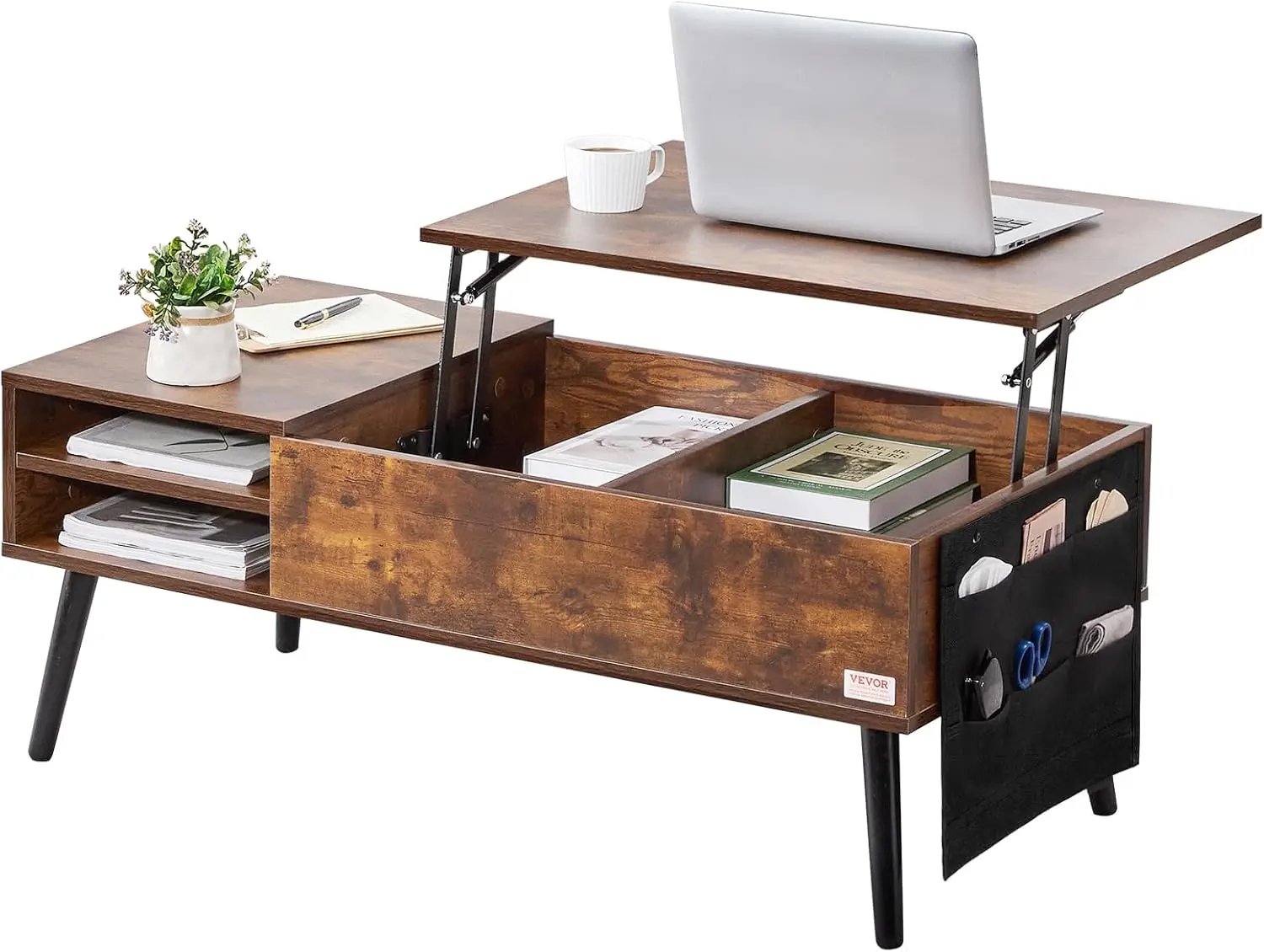 

Coffee Table, 39.4 in Rectangle Coffee Table with Extra Storage Pockets, Pop Up Coffee Table for Living Room, Brown