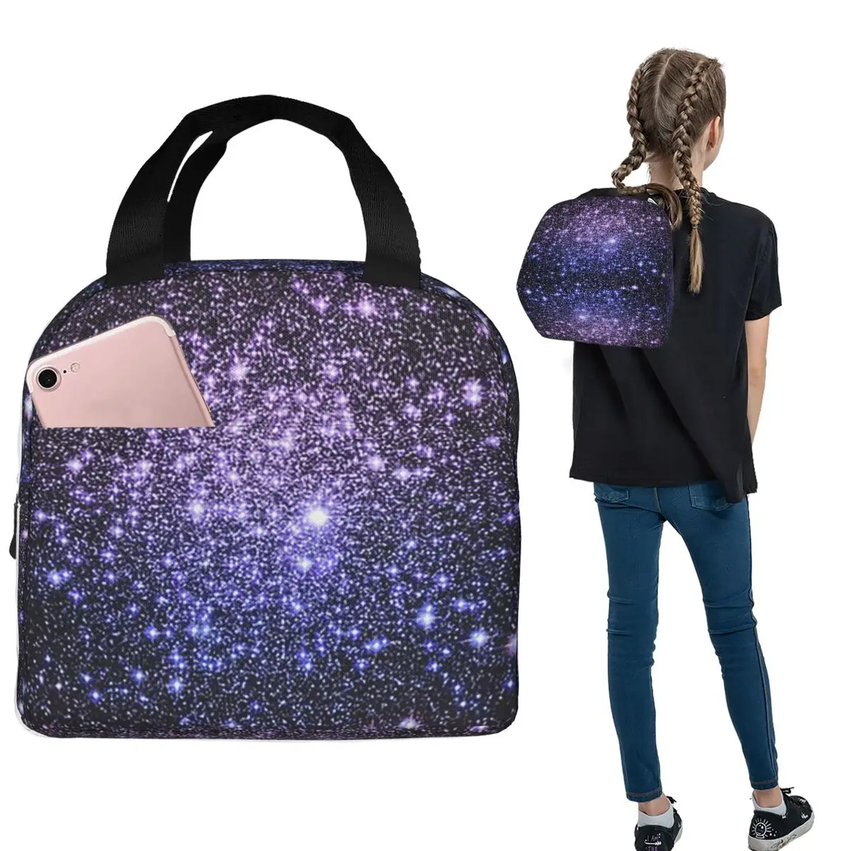 

Термосумка для обедов Galaxy Sparkle Stars с эффектом омбре: лаванда, пурпурно-синий, для женщин и детей, для еды, термосумка-тоут