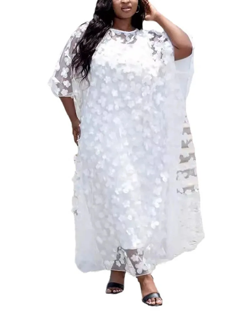 فستان نسائي برقبة دائرية وأكمام طويلة فضفاضة كبيرة الحجم + سترة من قطعتين تنورة طويلة مطرزة بالزهور ثلاثية الأبعاد #5