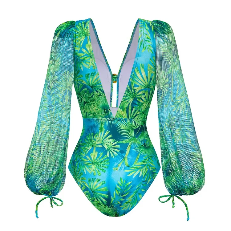 2024 Women Long-sleeved Jungle Green Print One Piece Swimsuit and Skirt Swimwear Summer Bathing Suit