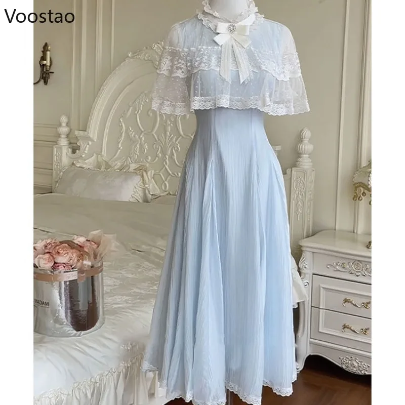 

Blue Japanese Sweet Bow Lolita Dress Summer Women Elegant Fashion Lace Capes Slim Dresses Female Y2k Aesthetics Party Midi Dress