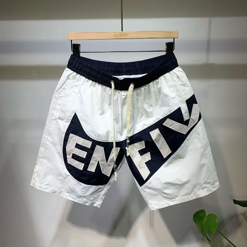 Summer Men\'s Clothing Elastic High Waisted Letter Pockets Drawstring Contrast Color Printing Casual Loose Fashionable Shorts