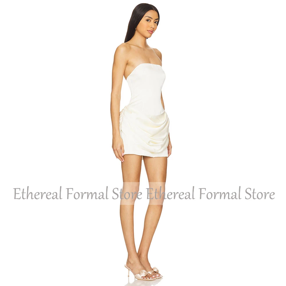 Modern Ivory Mini Short Party Dress Mermaid Cocktail Dress Pleat Prom Gown Strapless Homecoming Dress With Gloves Saudi Dress