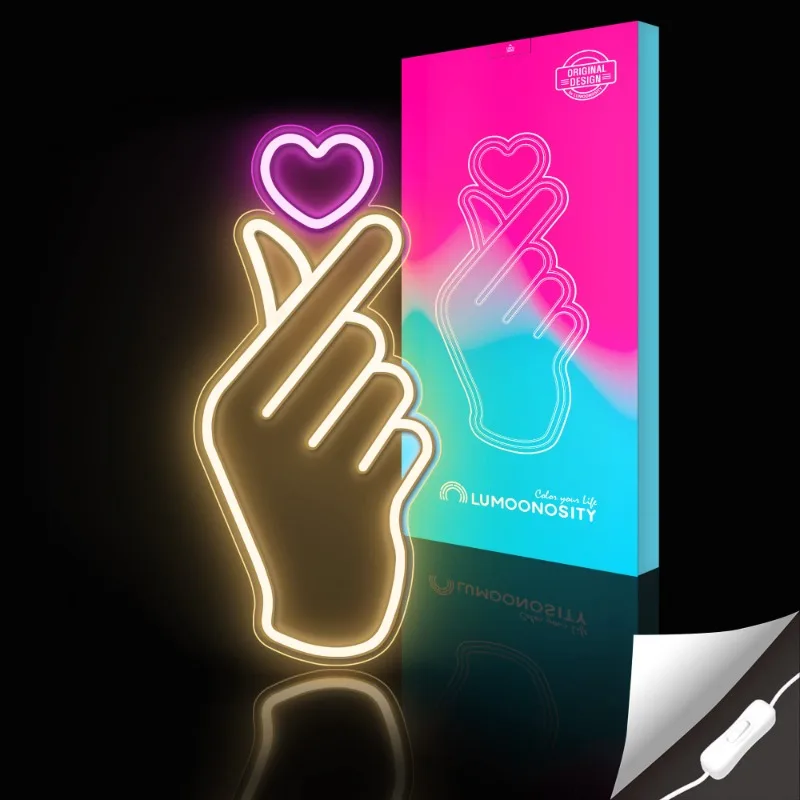 Tanda Neon hati jari-tanda Led tangan hati k-pop Premium-merah muda & putih hangat k-drama gestur dinding kamar tidur dekorasi ruang permainan