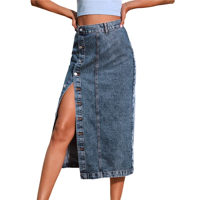 ABP-Falda vaquera midi de mezclilla con abertura informal para mujer, cintura alta elástica, deshilachada, con botones