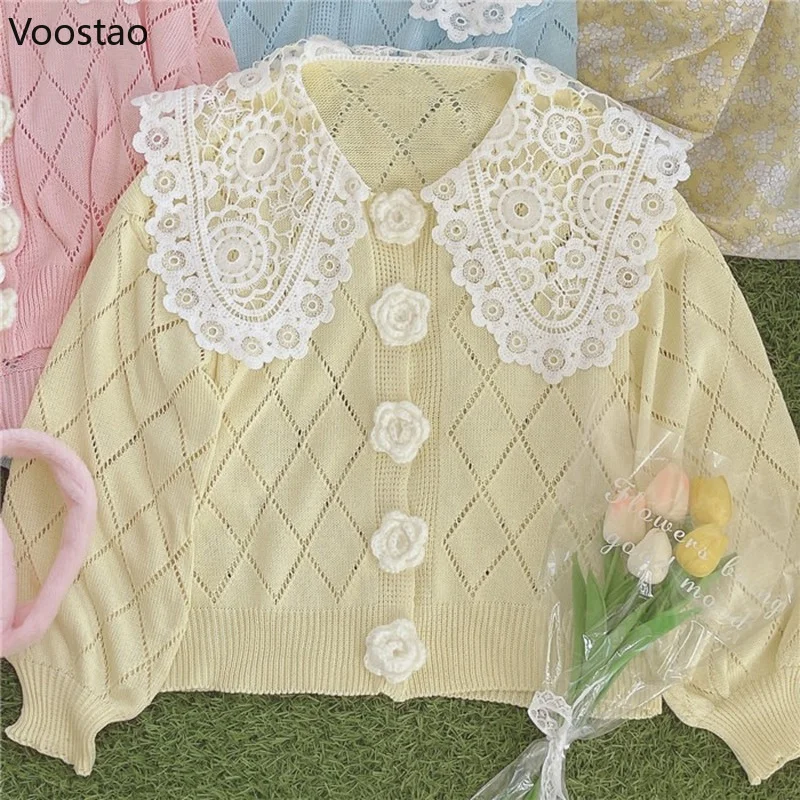 Dolce stile Lolita Cardigan lavorato a maglia donna Kawaii pizzo colletto Peter Pan bottone floreale maglione allentato cappotto ragazze Harajuku