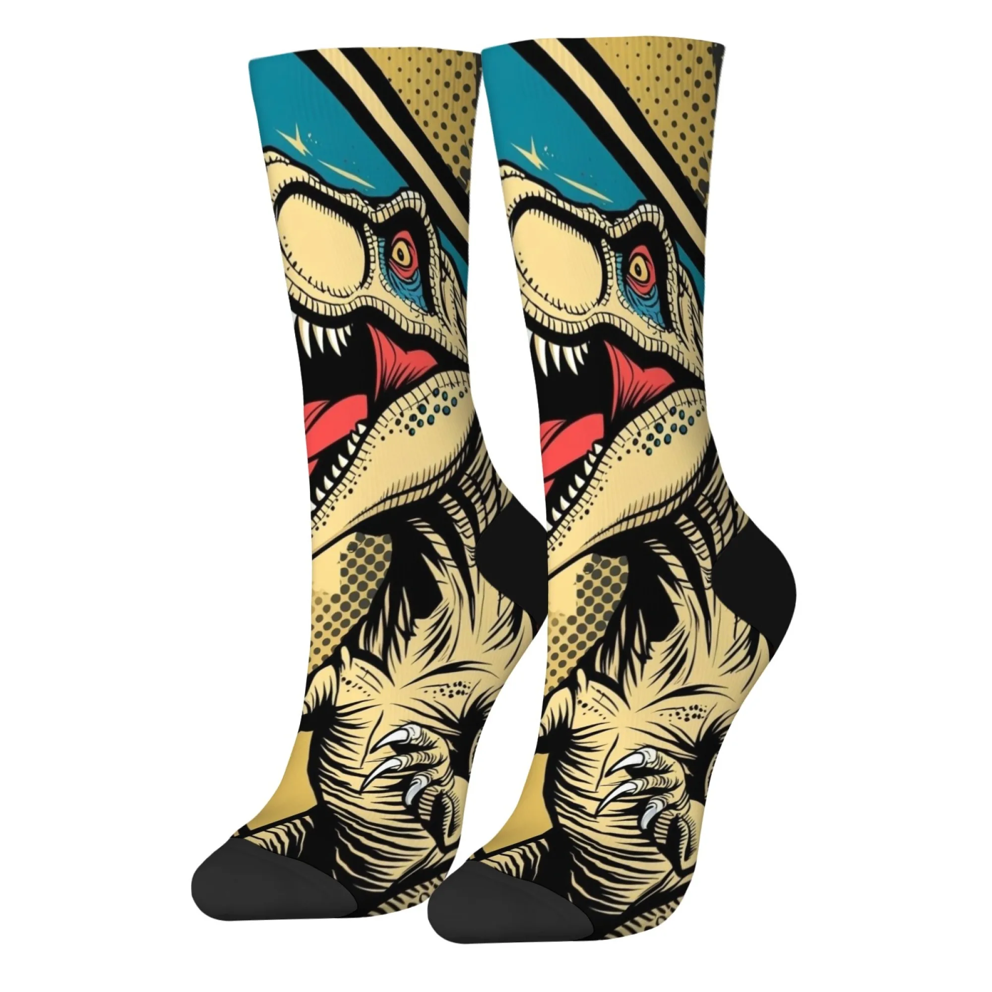 Kolorowe, stylizowane skarpetki z dinozaurem T-rexem, skarpetki załogowe w stylu retro komiksowym, nowatorskie, zabawne skarpetki w stylu vintage streetwear.