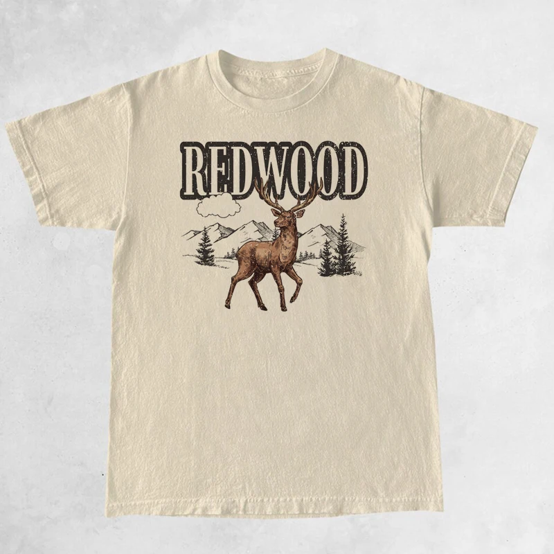 Redwood Mountain Deer Oversized T Shirt Short Sleeve Cute Fashion Hiking Travel T-shirts Women Vintage Aesthetic Graphic Tee Top