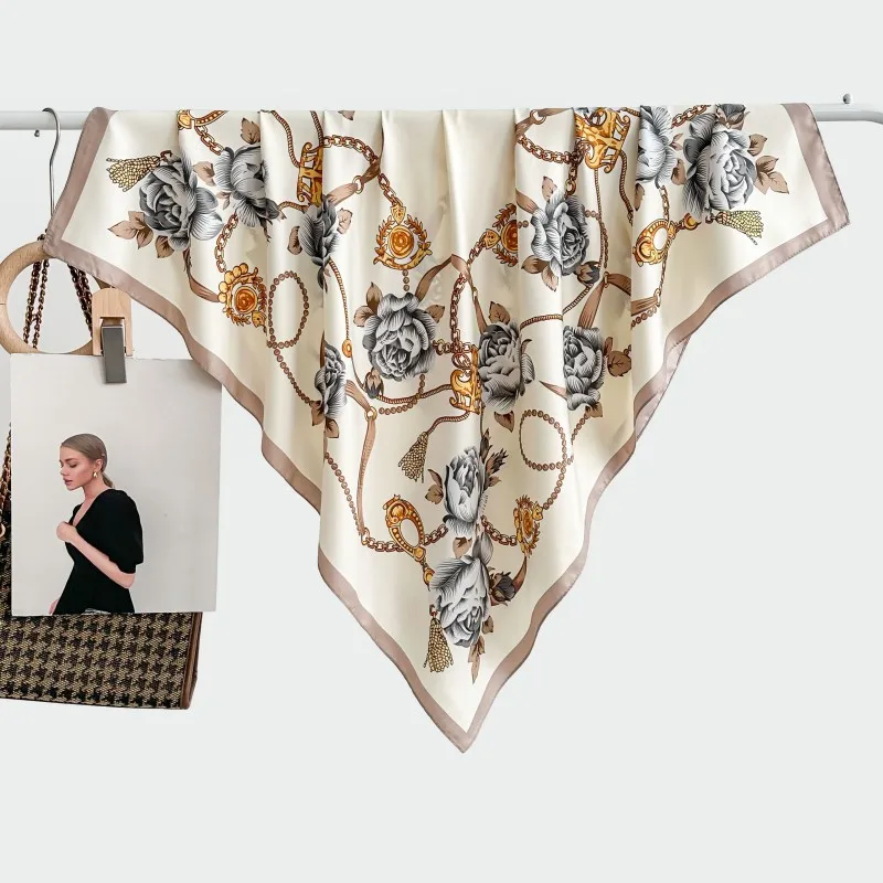 Chal tipo seda, bufanda cuadrada de 90cm, envoltura de viaje de sarga para mujer, pañuelo estampado de moda para la cabeza, accesorio elegante para cubrir la playa