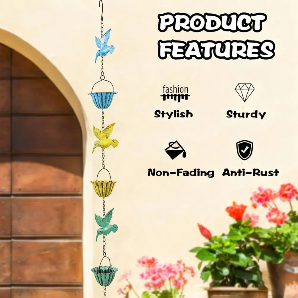 8Ft Colorful Hummingbird Iron Rain Chain, Outdoor Gutter Downspout Rain Catcher For Garden Decor