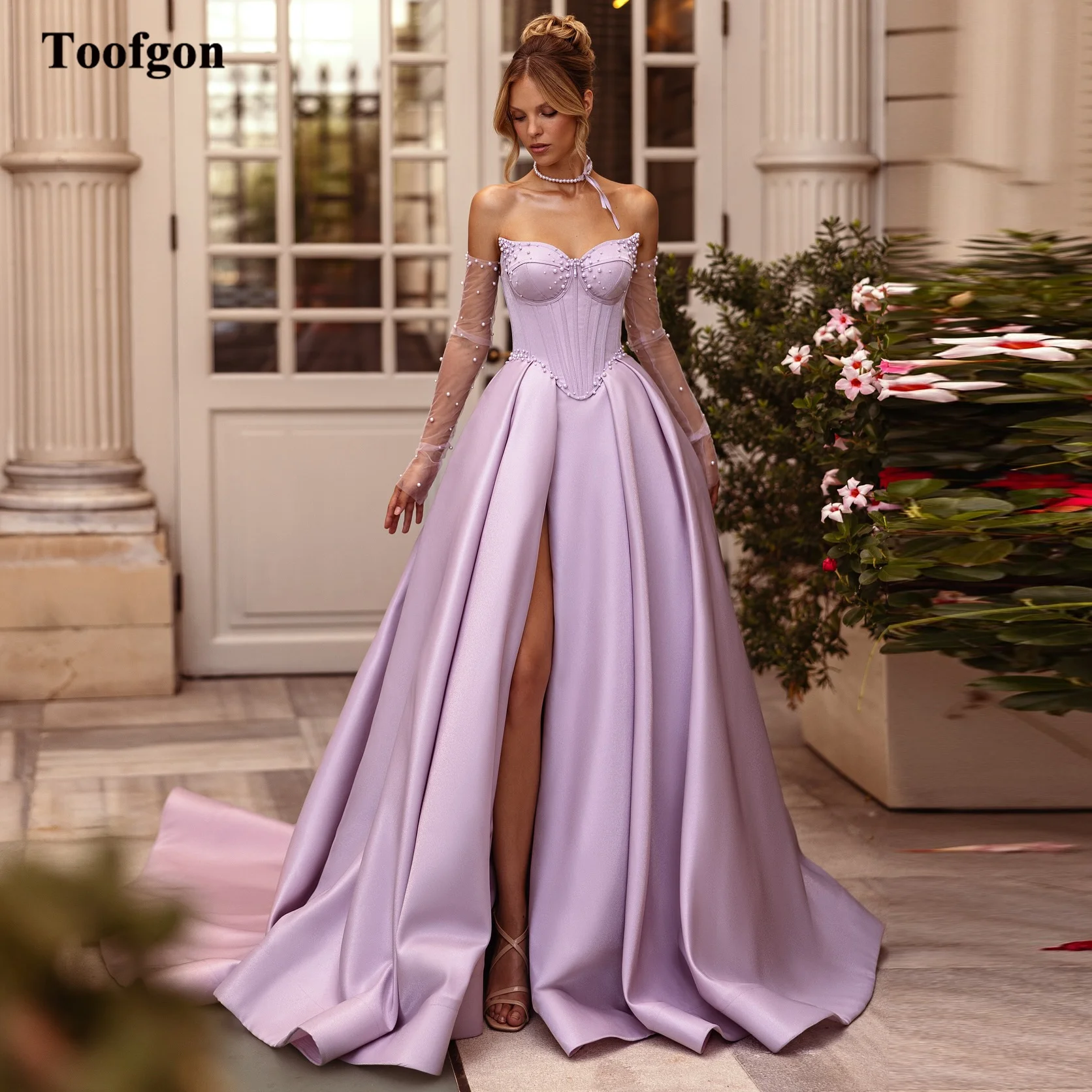 A Line Satin Women Prom Dresses Customized Beads Slit Corset Back Formal Evening Dress Long Sleeves Special Occasion Party Gowns