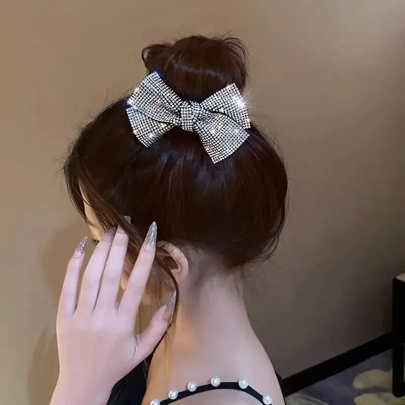 Sparkling rhinestone bow decoration with elastic hair bands and large intestine hair rings suitable for women and girls