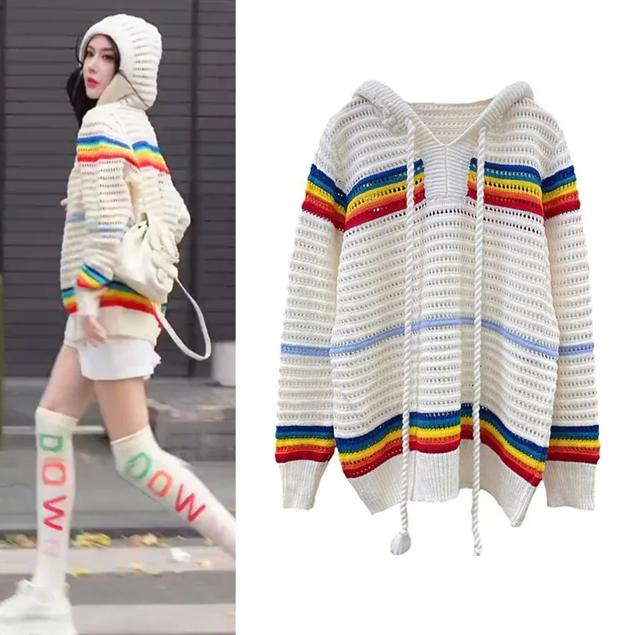 Autumn Spring Women Hooded Party Sweaters Long Sleeve Loose Pullovers Young Lady Knitted Stripped Y2K Sweaters Casual Ins NZ152