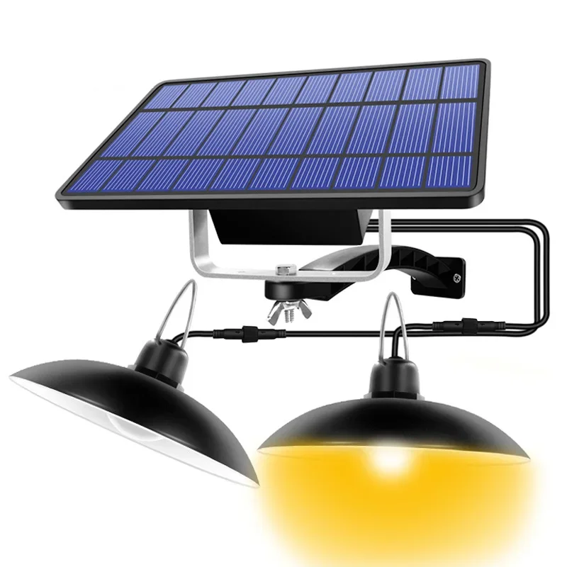 Luz colgante Solar de doble cabezal para exteriores e interiores, lámpara Solar impermeable de 60 LED con interruptor de tracción, iluminación para jardín, luz de inundación