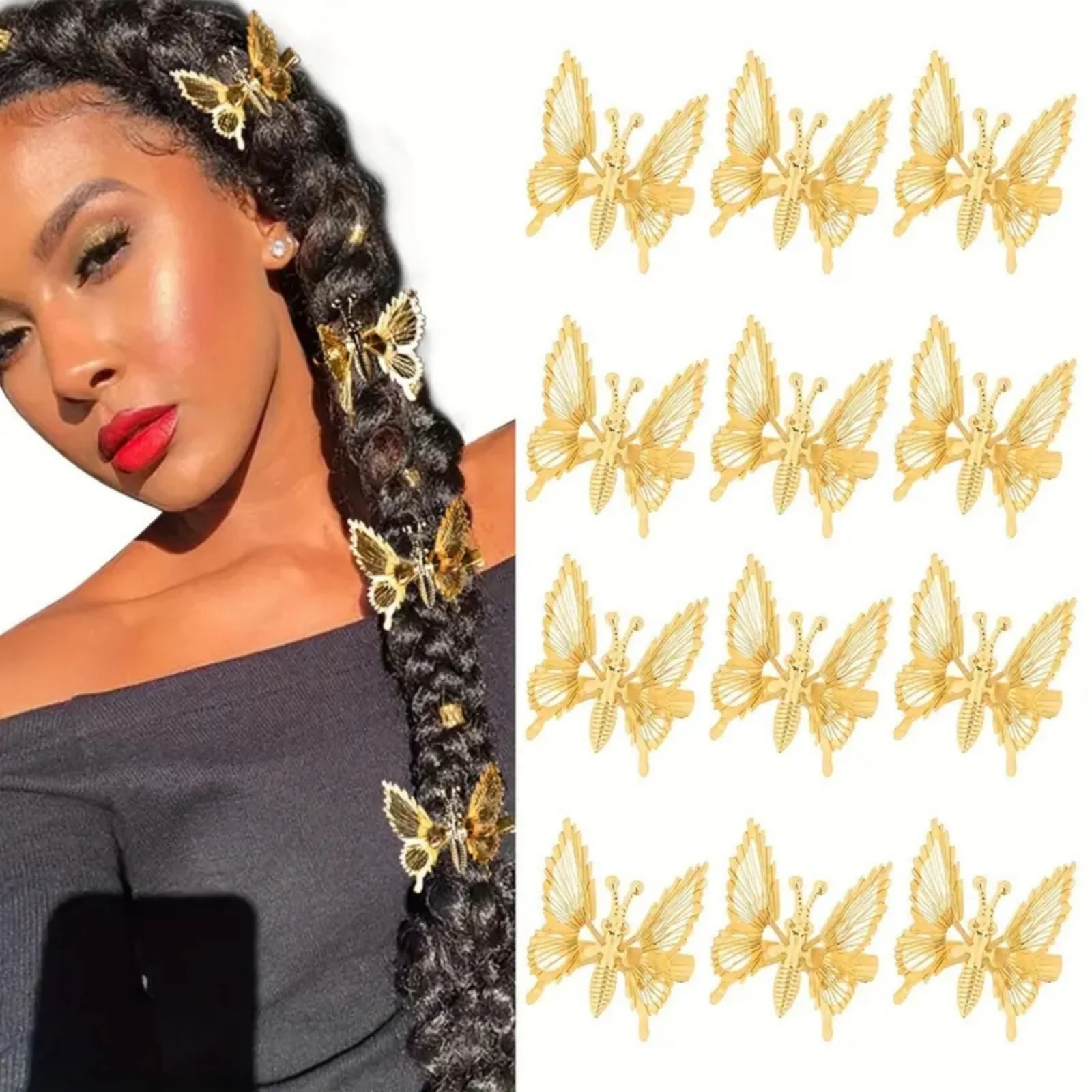 

5 шт. заколки для волос «Золотая бабочка», полые металлические аксессуары для волос, идеально подходят для косичек и стильных причесок