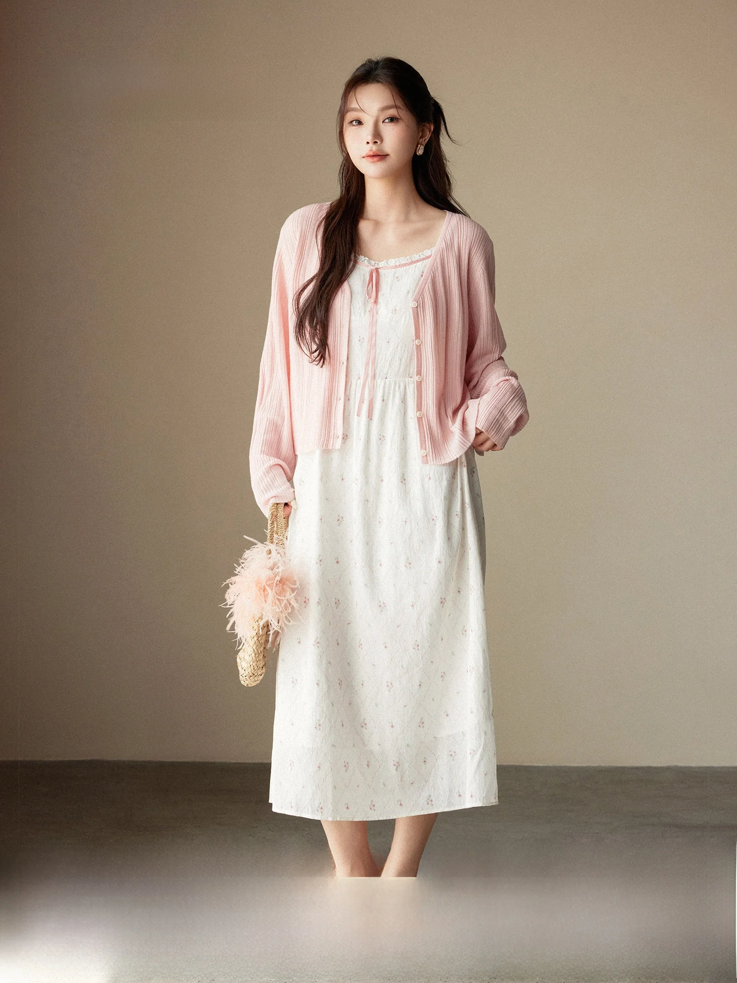 

Plusmall Sweet Initial Wine Floral Print Knitted Cardigan Set Spring Summer A-Line Long Dress Casual Style V-Neck Long Sleeve