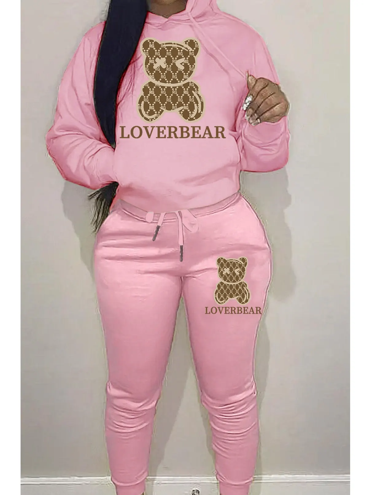 

Cartoon Bear Printed Two Piece Set Women's Street Sle Long Sve Hoodie Casual Comfortable Loose Fit Faionable Ensemble