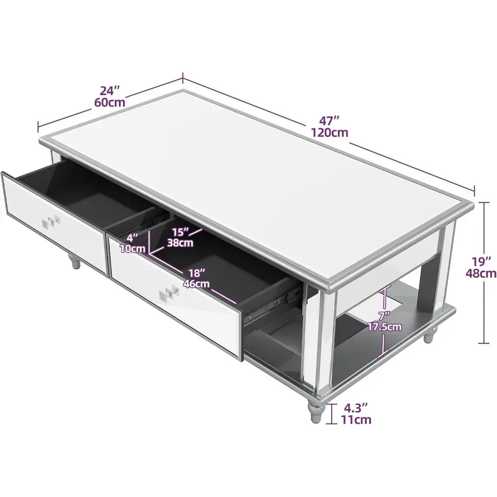 48 Inch 2 Tier Silver Mirrored Coffee Table with 2 Drawers Storage Accent Glass Top Modern Luxury Rectangle Coffee Tables