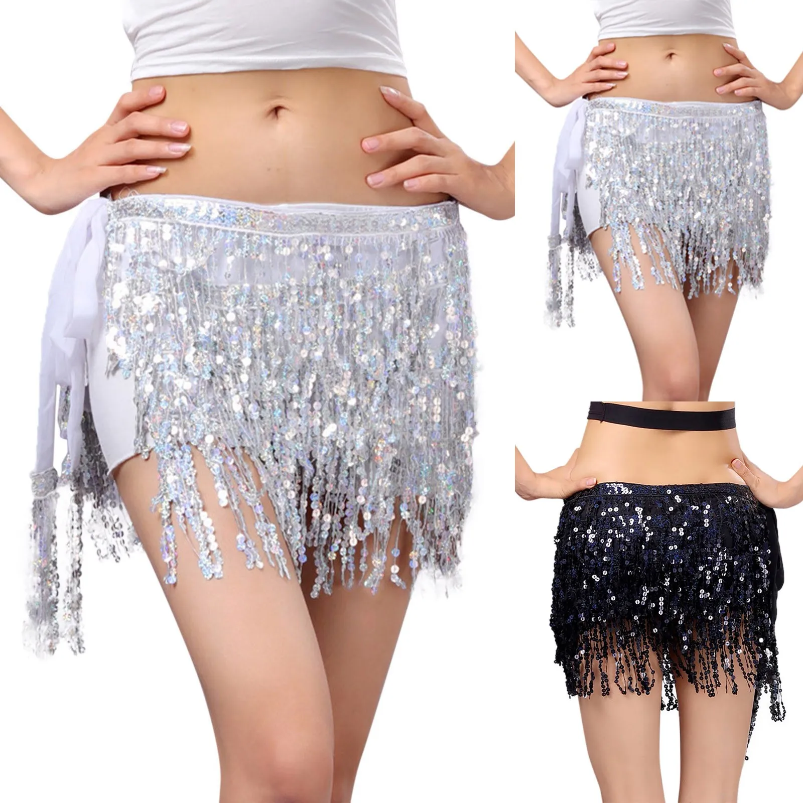 Sexy Women Belly Dance Glitter Swing Sequin Tassel Fringe Hip Belt Waist Skirt Bamba Ibiza Festival Raves Chiffon Wrap Skirt