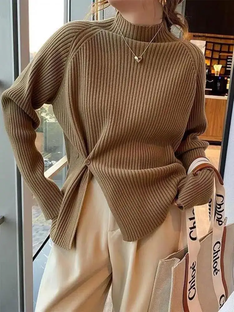 2024 Sweter damski Pullovers Turtlneck Casual Autumn Winter Split Fork Button Szykowny sweter damski Slim Knit Top Soft Jumper Tops