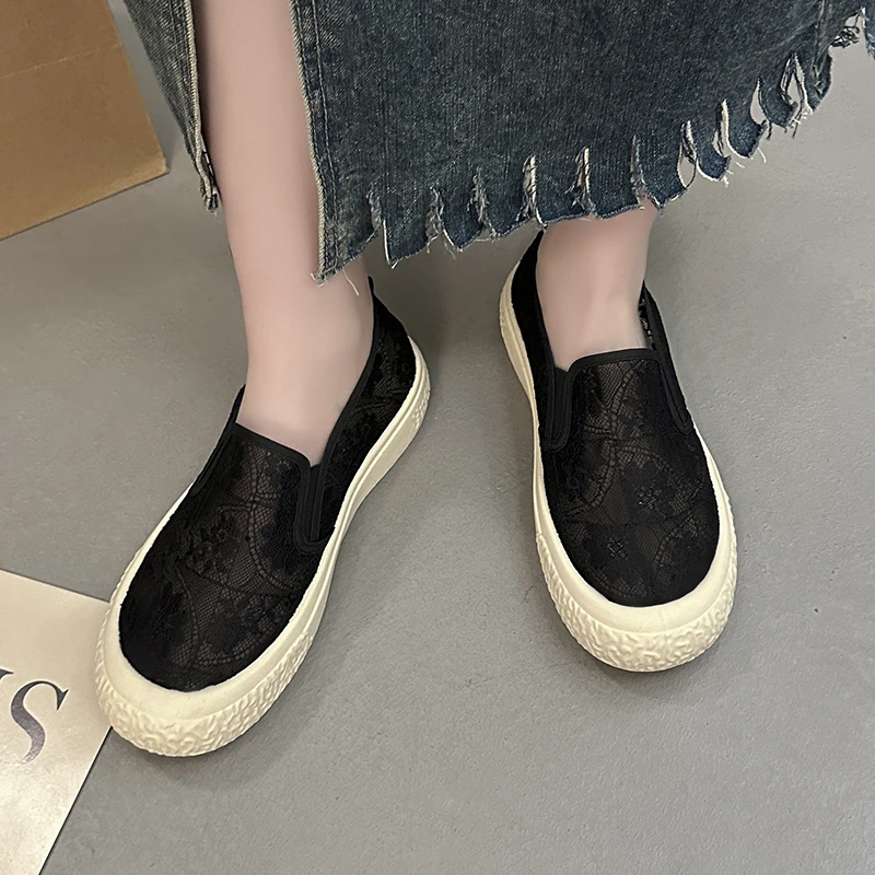 2024 Summer New Women Shoes Mesh Lace Woman Casual Shoes Sneakers Breathable Hollow Flat Loafers Slip-On Height Increase Shoes