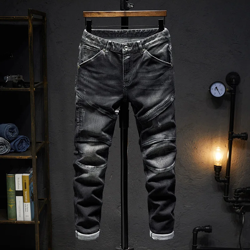 2024Autumn Men\'s Black Jeans High Quality American Zipper Stitching Stretch Slim Street Fashion Haulage Motor Trousers