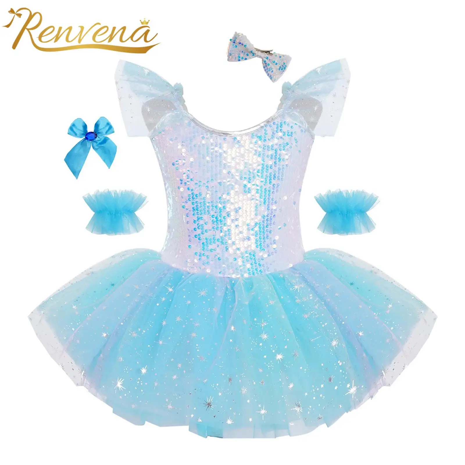 女の子スパークリングスパンコールチュールチュチュドレスとヘッドウェアセットバレエジャズダンス衣装パフォーマンスドレス子供バレリーナ衣装