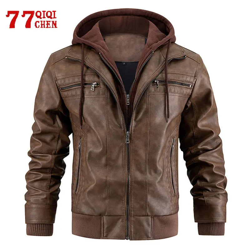 Veste en similicuir à capuche vintage pour hommes, vestes de motard de moto Smile, manteau décontracté à col montant, mode automne, faux 2 pièces