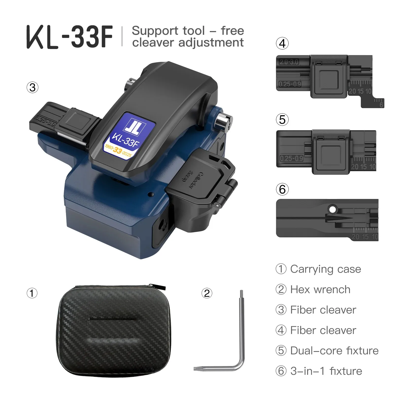 Original JILONG KL-33F High Precision One-step Optical Fiber Cleaver All-metal Materia 72000times Blade Cleaving With 3 fixtures