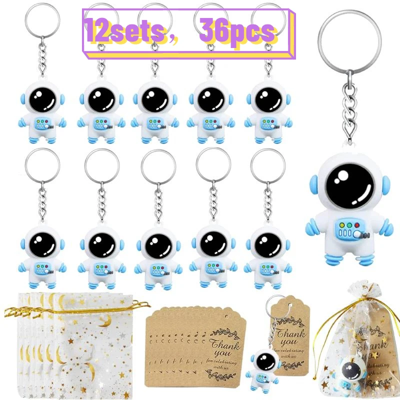 36pcs Astronaut Space Party Favors 12 Sets with Astronaut Space Keychains Star Moon Organza Bags Thank You Kraft Tags for Party