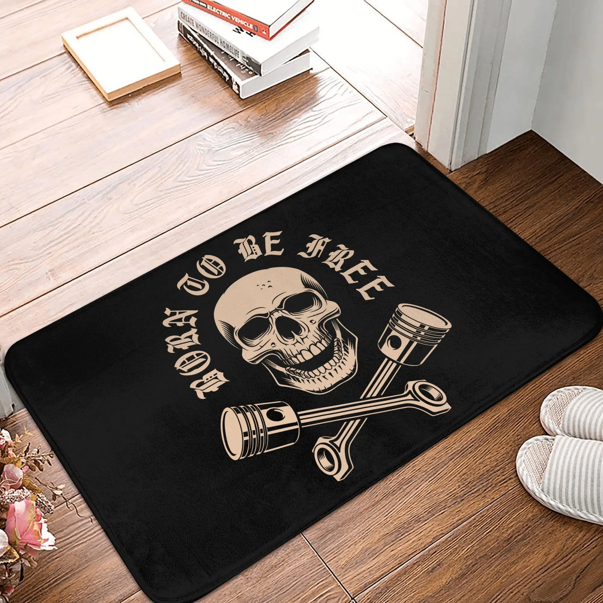 Born To Be Free Skull Crossed Engine Piston Doormat, Vintage Motorcycle Biker Print Non Slip Floor Rug, Water Absorbent Mat for